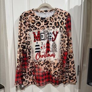 Leopard Print Merry Christmas Long Sleeve Top